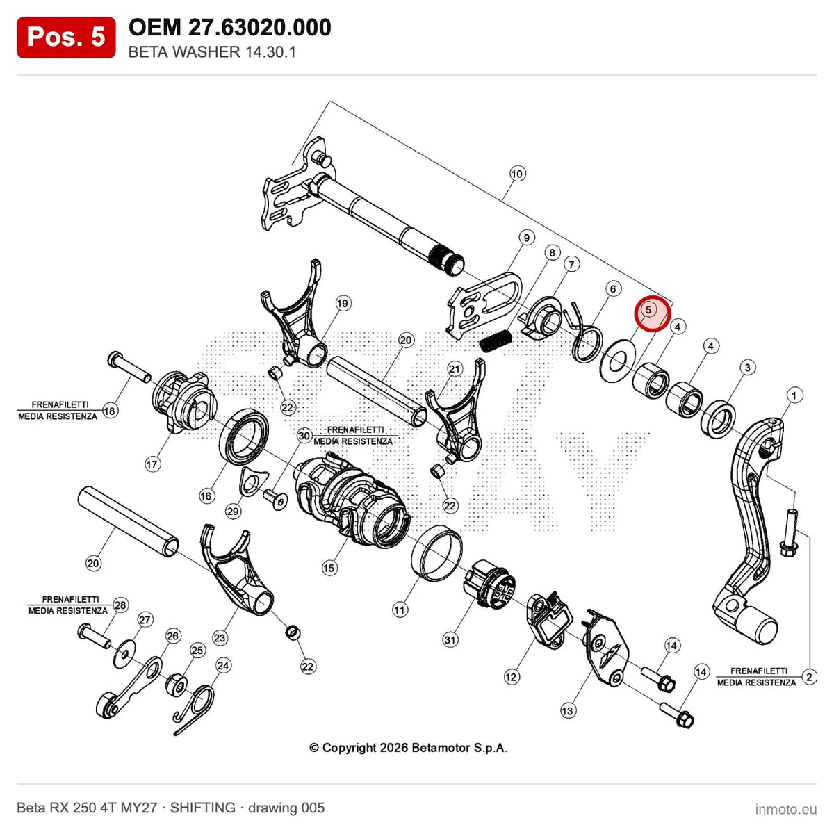 BETA WASHER 14.30.1 – OEM 27.63020.000, position 5 on the Beta RX 250 4T MY27 shifting drawing