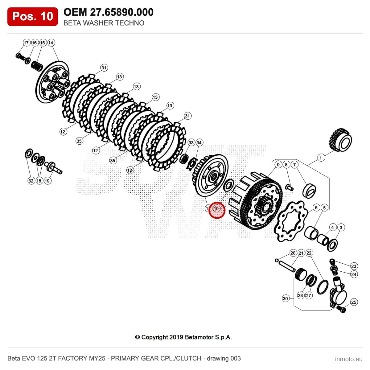 BETA WASHER TECHNO – OEM 27.65890.000, position 10 on the Beta EVO 125 2T FACTORY MY25 primary gear cpl./clutch drawing