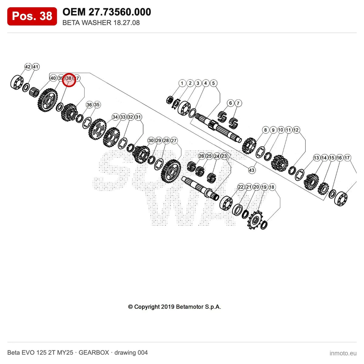BETA WASHER 18.27.08 – OEM 27.73560.000, position 38 on the Beta EVO 125 2T MY25 gearbox drawing