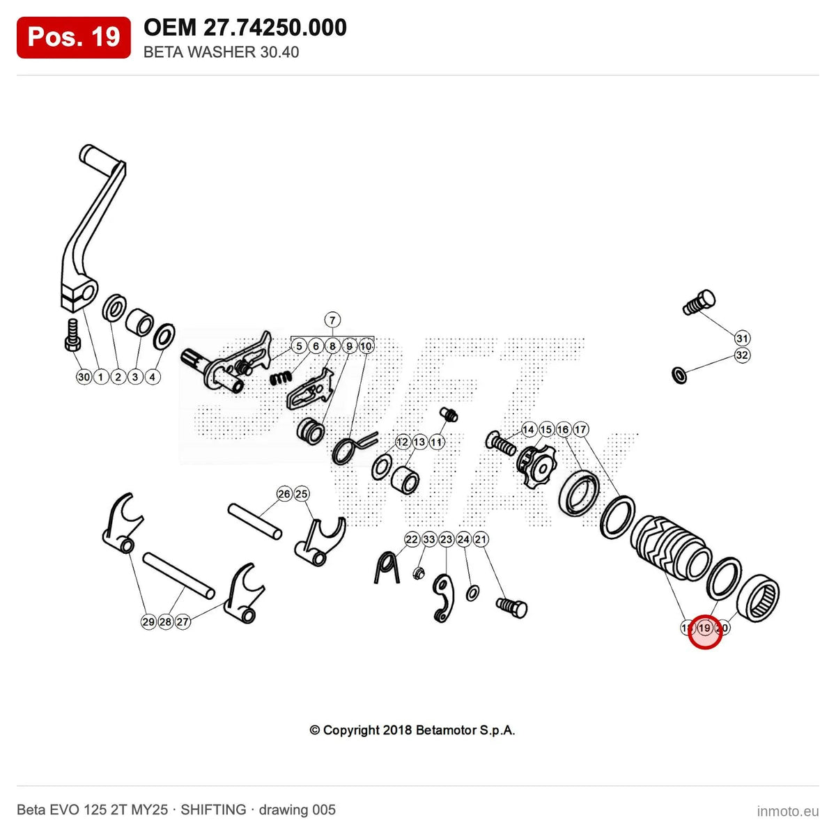 BETA WASHER 30.40 – OEM 27.74250.000, position 19 on the Beta EVO 125 2T MY25 shifting drawing