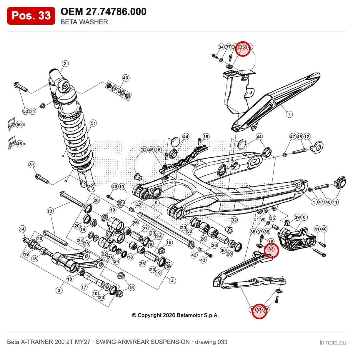 BETA WASHER – OEM 27.74786.000, position 33 on the Beta X-TRAINER 200 2T MY27 swing arm/rear suspension drawing