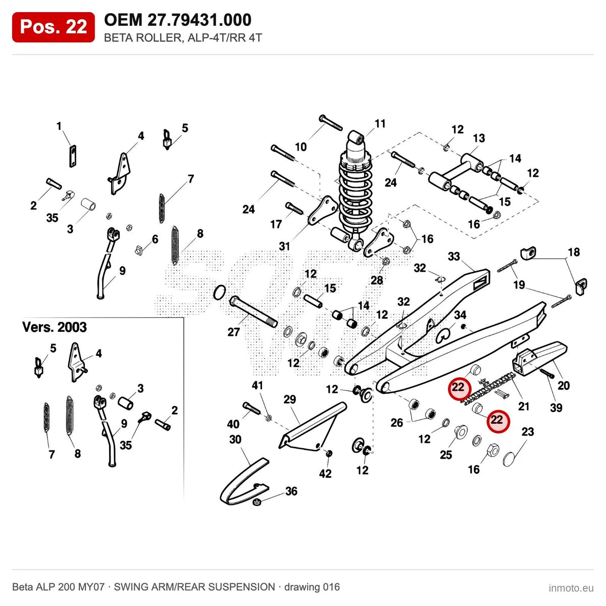 BETA ROLLER, ALP-4T/RR 4T – OEM 27.79431.000, position 22 on the Beta ALP 200 MY07 swing arm/rear suspension drawing