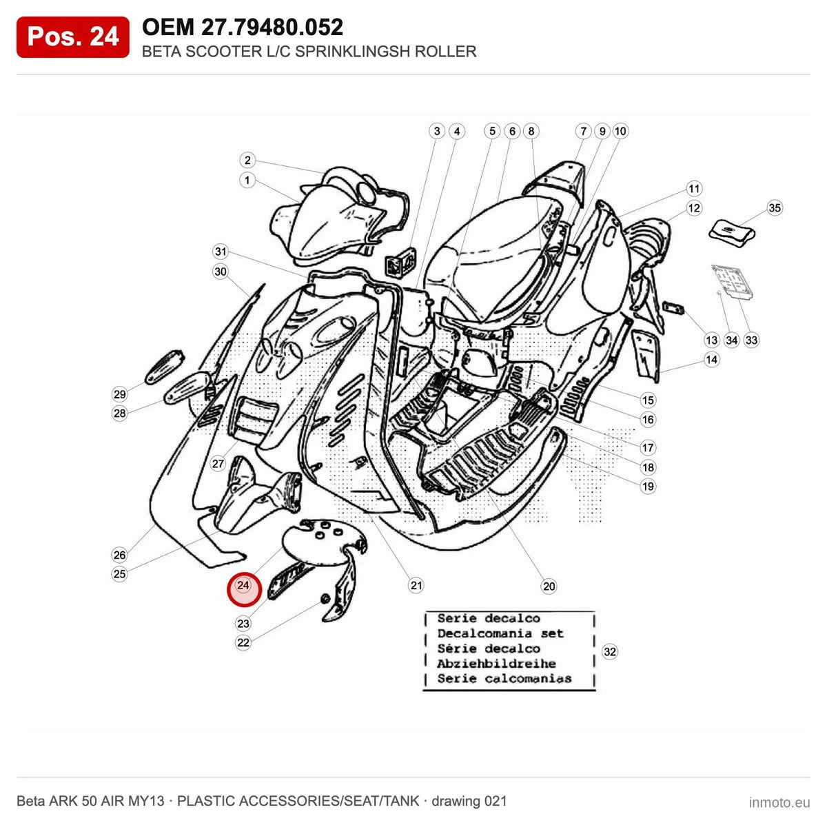 BETA SCOOTER L/C SPRINKLINGSH ROLLER – OEM 27.79480.052, position 24 on the Beta ARK 50 AIR MY13 plastic accessories/seat/tank drawing