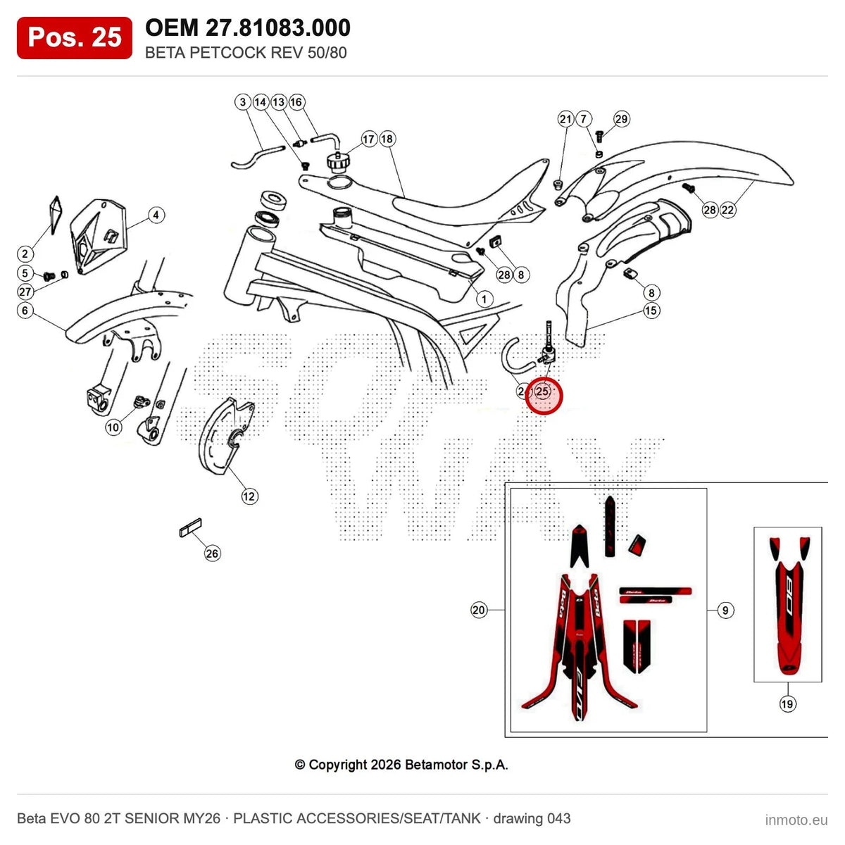 BETA PETCOCK REV 50/80 – OEM 27.81083.000, position 25 on the Beta EVO 80 2T SENIOR MY26 plastic accessories/seat/tank drawing