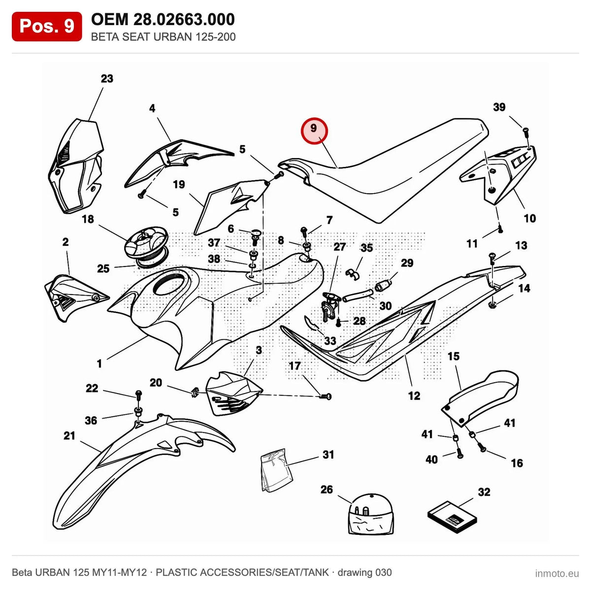 BETA SEAT URBAN 125-200 – OEM 28.02663.000, position 9 on the Beta URBAN 125 MY11-MY12 plastic accessories/seat/tank drawing