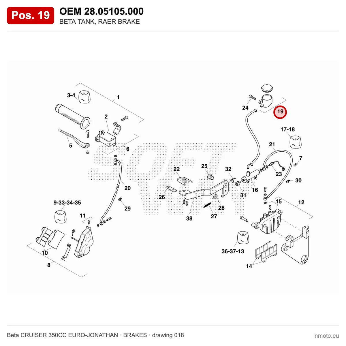BETA TANK, RAER BRAKE – OEM 28.05105.000, position 19 on the Beta CRUISER 350CC EURO-JONATHAN brakes drawing