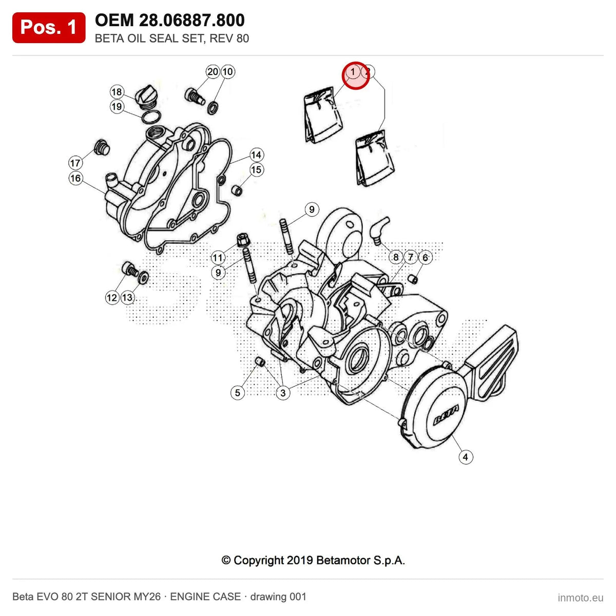 BETA OIL SEAL SET, REV 80 – OEM 28.06887.800, position 1 on the Beta EVO 80 2T SENIOR MY26 engine case drawing