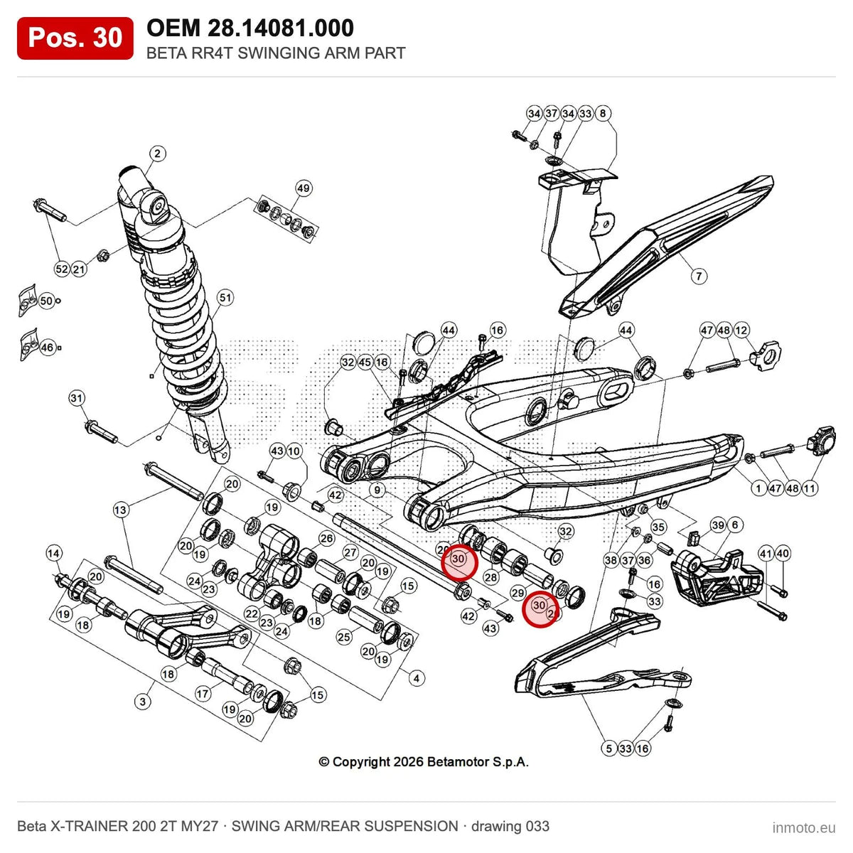 BETA RR4T SWINGING ARM PART – OEM 28.14081.000, position 30 on the Beta X-TRAINER 200 2T MY27 swing arm/rear suspension drawing