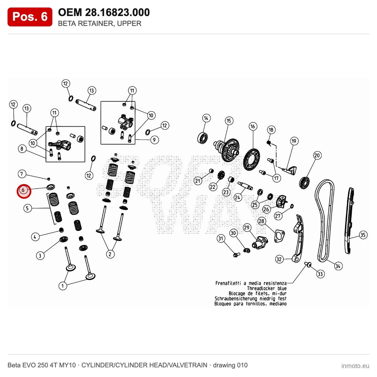 BETA RETAINER, UPPER – OEM 28.16823.000, position 6 on the Beta EVO 250 4T MY10 cylinder/cylinder head/valvetrain drawing