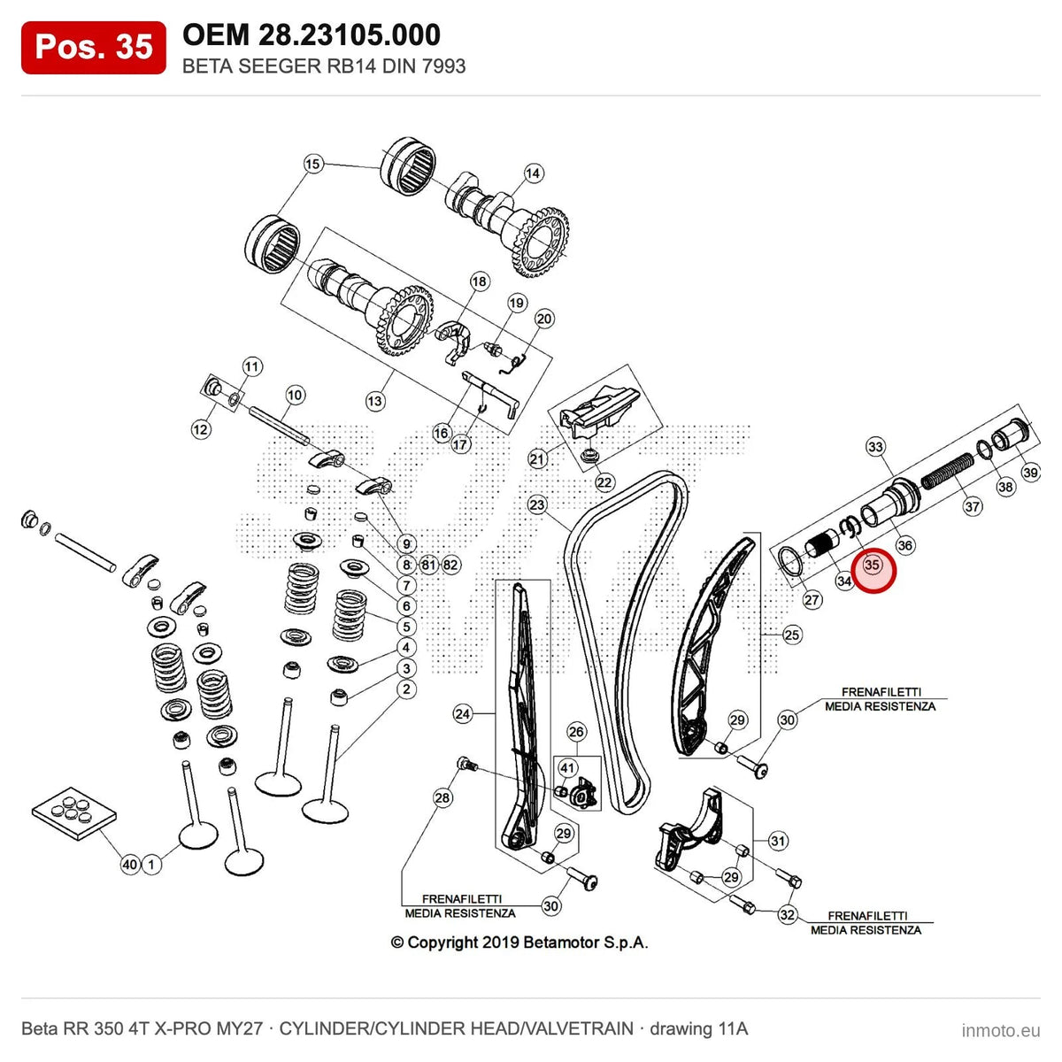 BETA SEEGER RB14 DIN 7993 – OEM 28.23105.000, position 35 on the Beta RR 350 4T X-PRO MY27 cylinder/cylinder head/valvetrain drawing