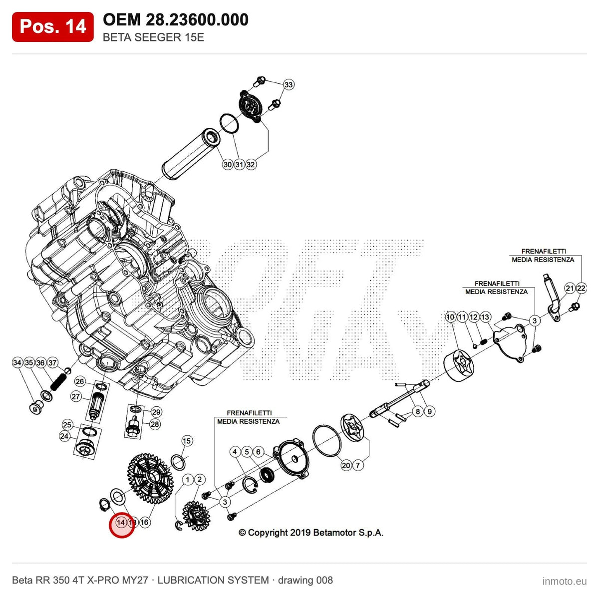 BETA SEEGER 15E – OEM 28.23600.000, position 14 on the Beta RR 350 4T X-PRO MY27 lubrication system drawing