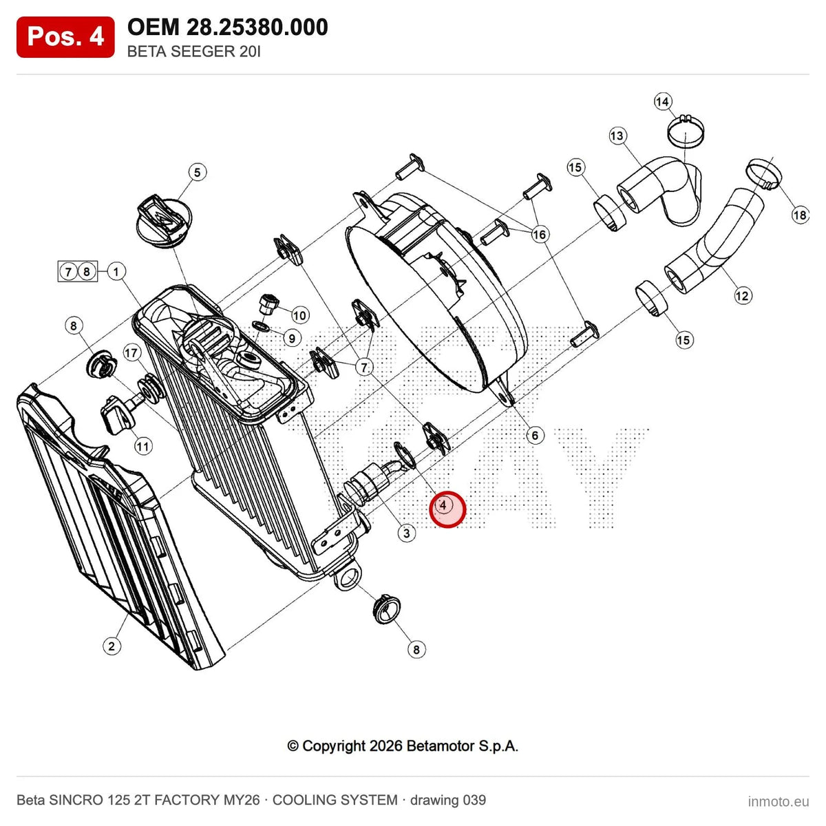 BETA SEEGER 20I – OEM 28.25380.000, position 4 on the Beta SINCRO 125 2T FACTORY MY26 cooling system drawing
