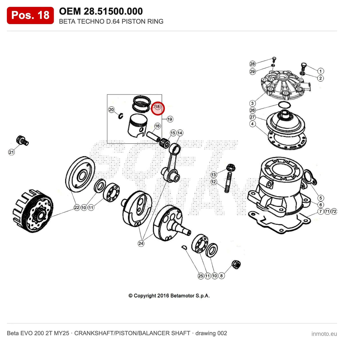BETA TECHNO D.64 PISTON RING – OEM 28.51500.000, position 18 on the Beta EVO 200 2T MY25 crankshaft/piston/balancer shaft drawing
