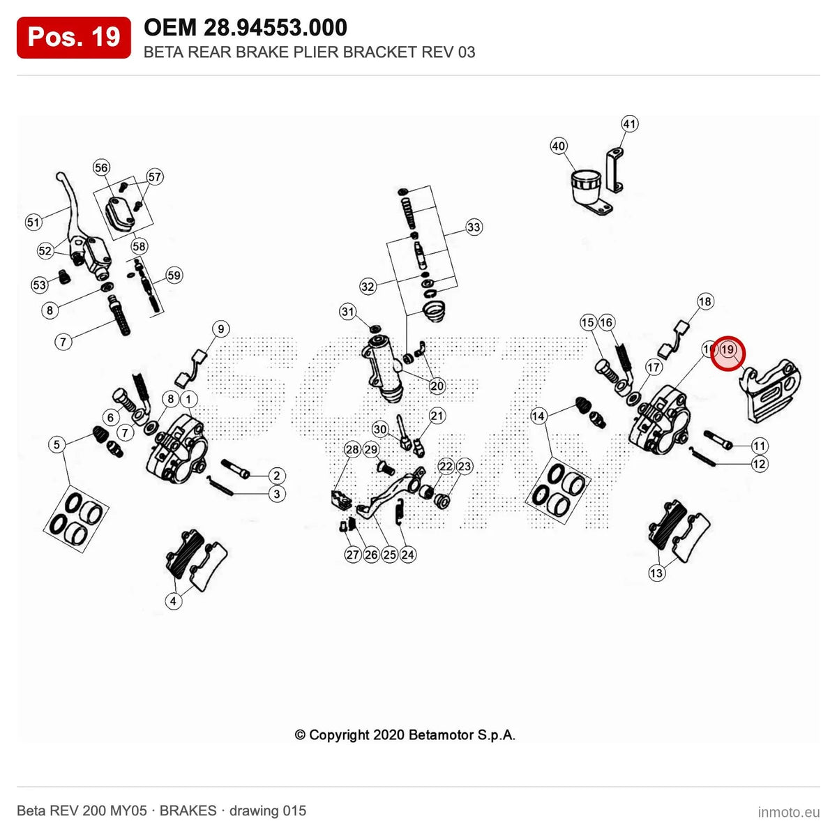 BETA REAR BRAKE PLIER BRACKET REV 03 – OEM 28.94553.000, position 19 on the Beta REV 200 MY05 brakes drawing
