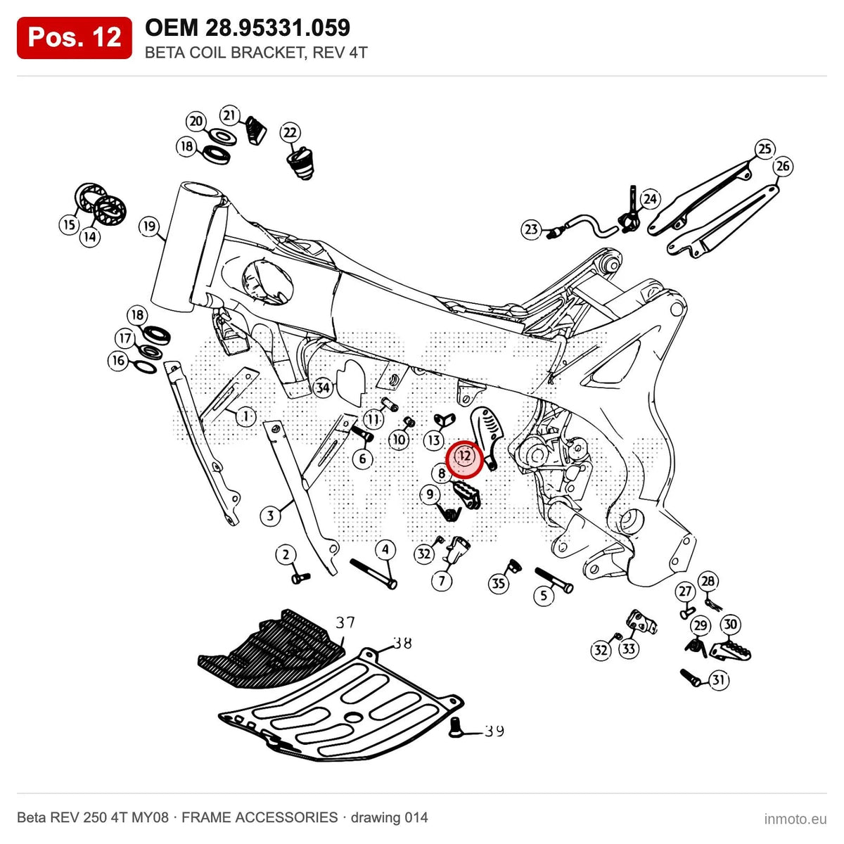 BETA COIL BRACKET, REV 4T – OEM 28.95331.059, position 12 on the Beta REV 250 4T MY08 frame accessories drawing