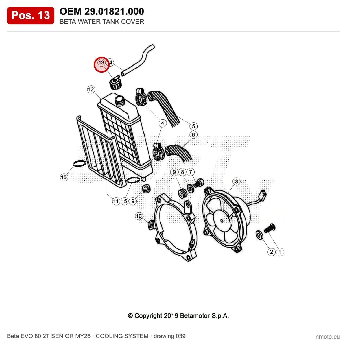 BETA WATER TANK COVER – OEM 29.01821.000, position 13 on the Beta EVO 80 2T SENIOR MY26 cooling system drawing