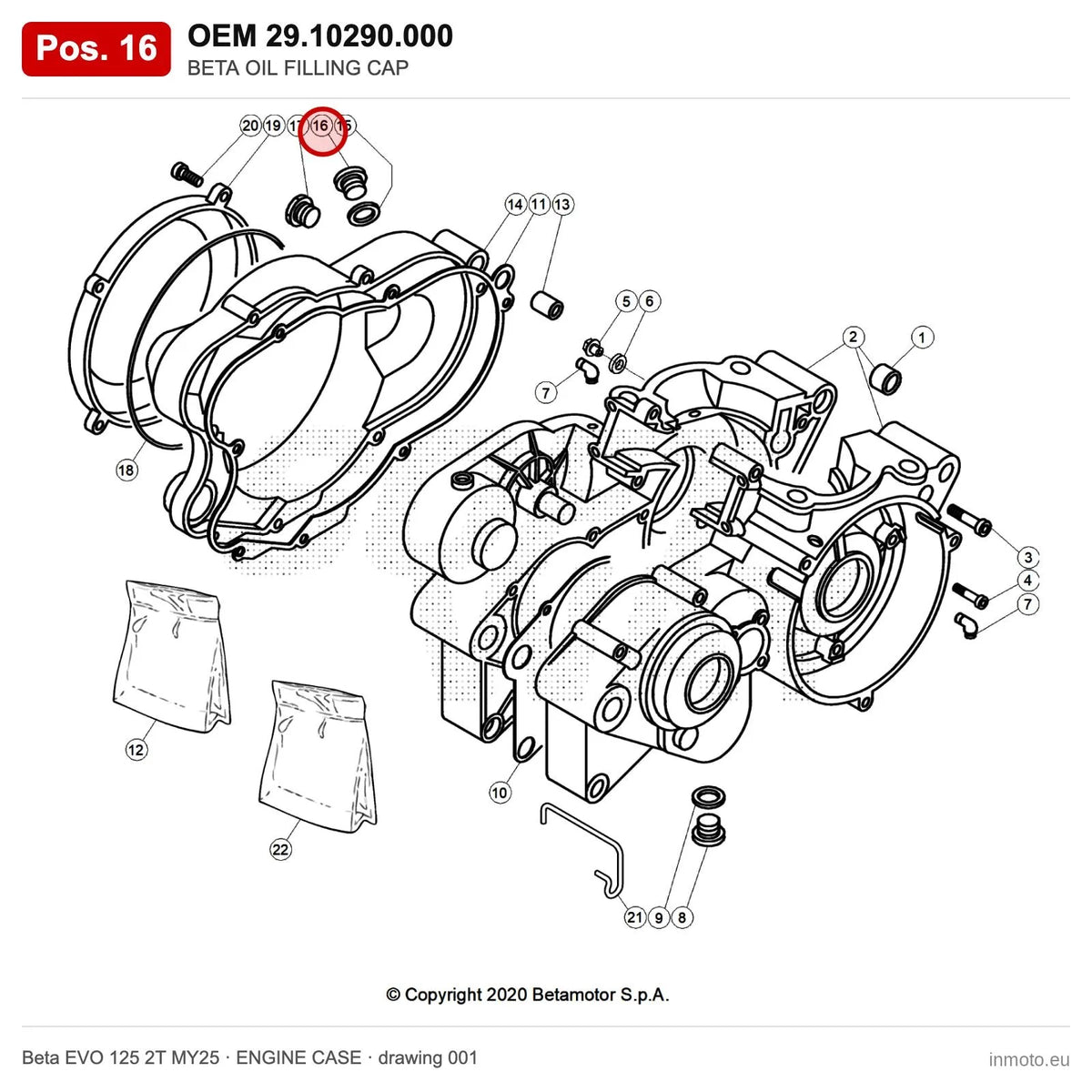 BETA OIL FILLING CAP – OEM 29.10290.000, position 16 on the Beta EVO 125 2T MY25 engine case drawing
