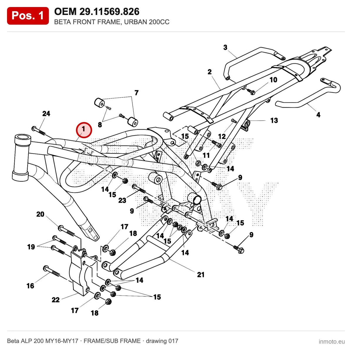 BETA FRONT FRAME, URBAN 200CC – OEM 29.11569.826, position 1 on the Beta ALP 200 MY16-MY17 frame/sub frame drawing