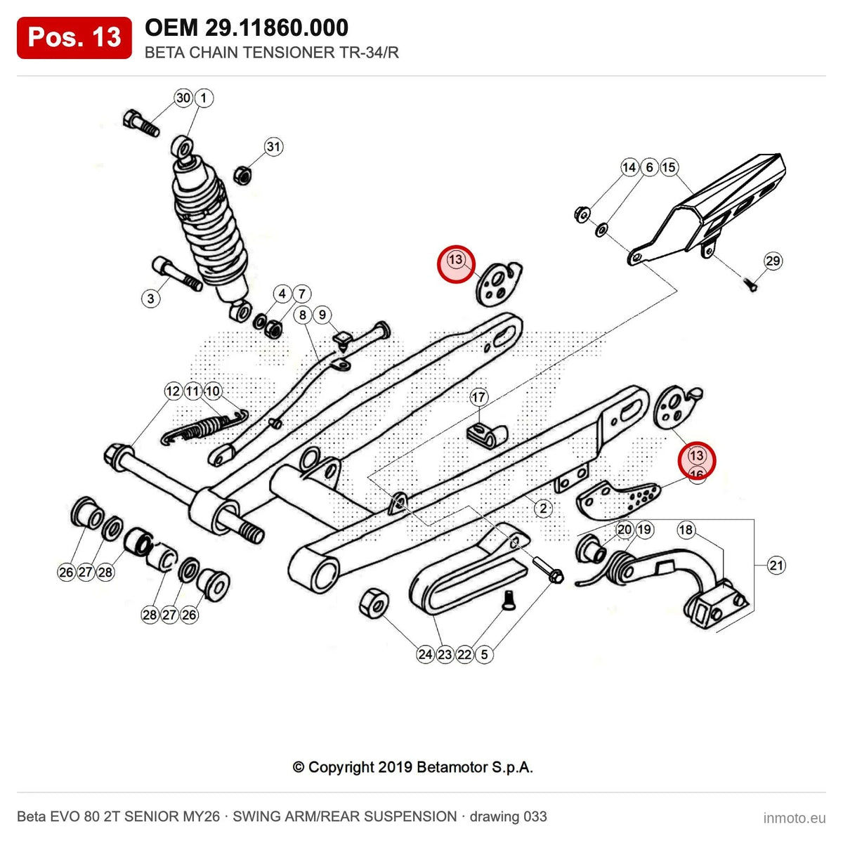 BETA CHAIN TENSIONER TR-34/R – OEM 29.11860.000, position 13 on the Beta EVO 80 2T SENIOR MY26 swing arm/rear suspension drawing