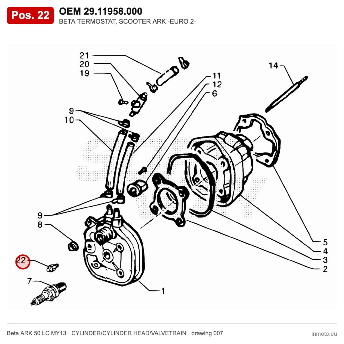 BETA TERMOSTAT, SCOOTER ARK -EURO 2- – OEM 29.11958.000, position 22 on the Beta ARK 50 LC MY13 cylinder/cylinder head/valvetrain drawing