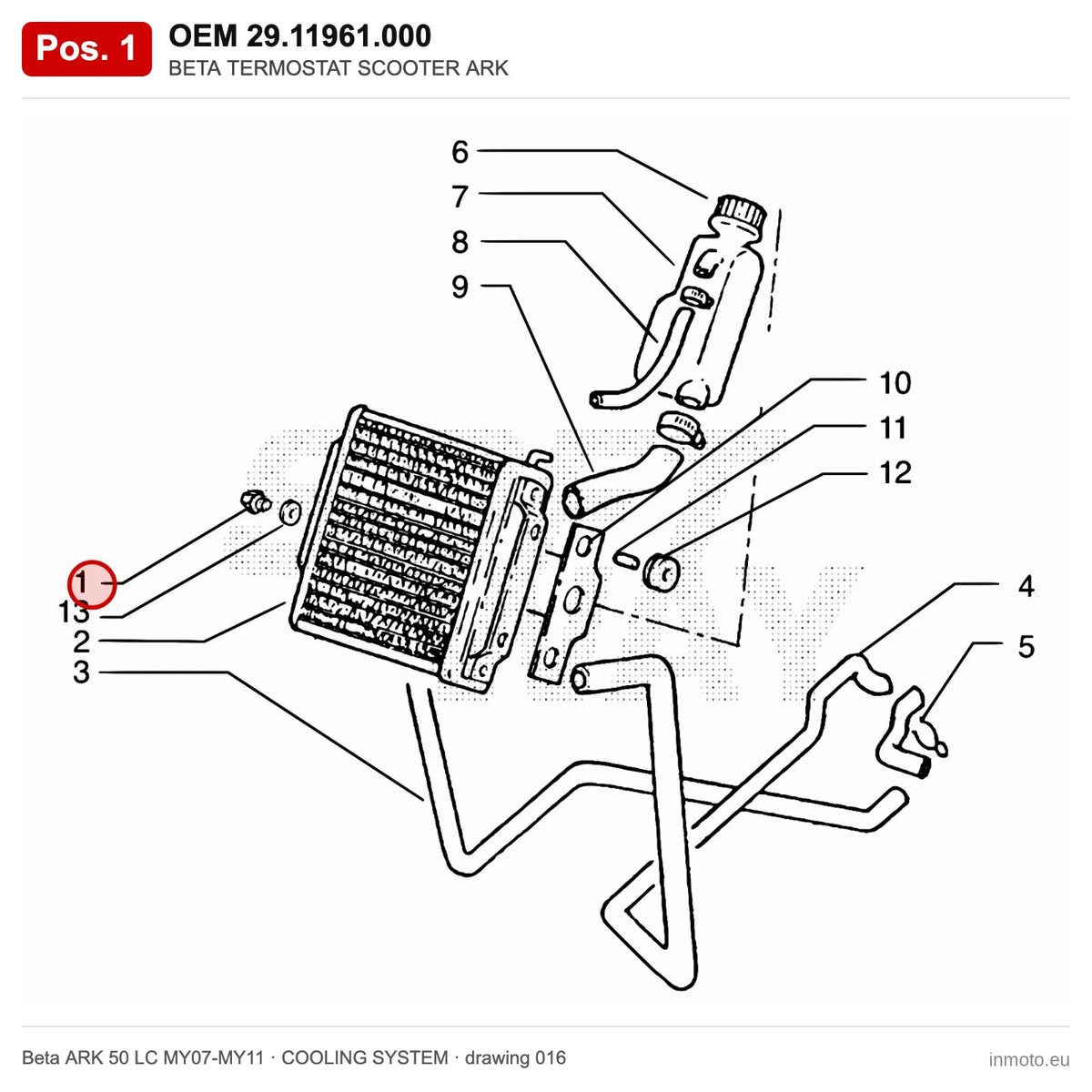 BETA TERMOSTAT SCOOTER ARK – OEM 29.11961.000, position 1 on the Beta ARK 50 LC MY07-MY11 cooling system drawing