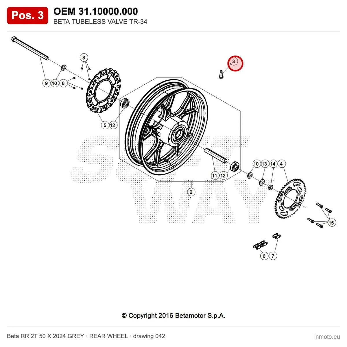 BETA TUBELESS VALVE TR-34 – OEM 31.10000.000, position 3 on the Beta RR 2T 50 X 2024 GREY rear wheel drawing