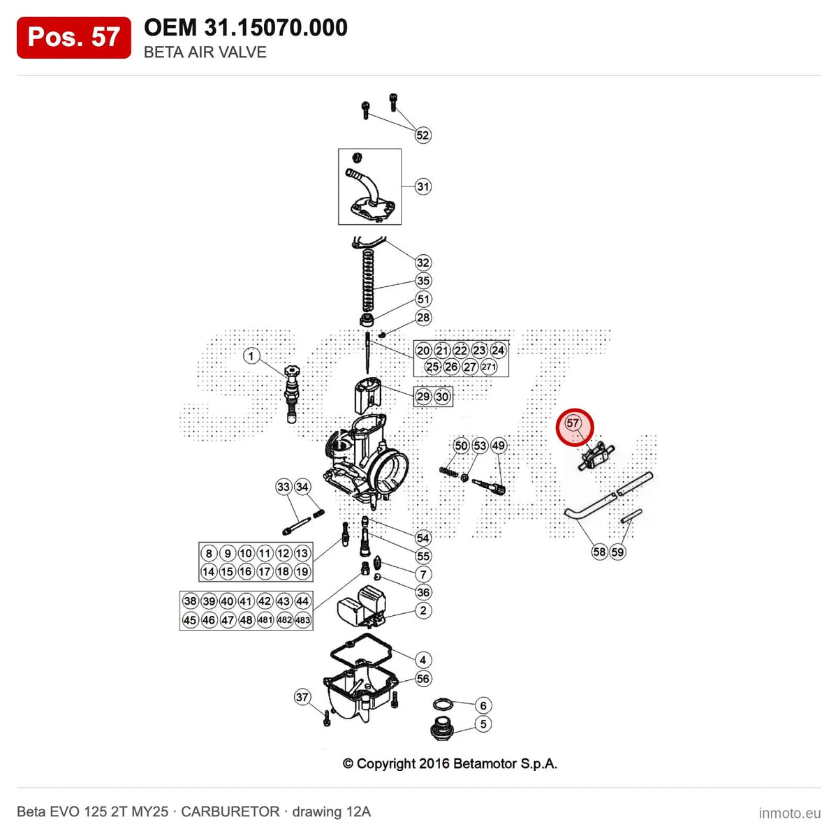 BETA AIR VALVE – OEM 31.15070.000, position 57 on the Beta EVO 125 2T MY25 carburetor drawing