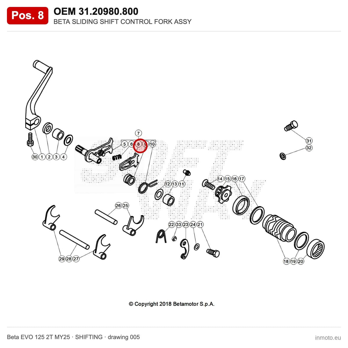 BETA SLIDING SHIFT CONTROL FORK ASSY – OEM 31.20980.800, position 8 on the Beta EVO 125 2T MY25 shifting drawing