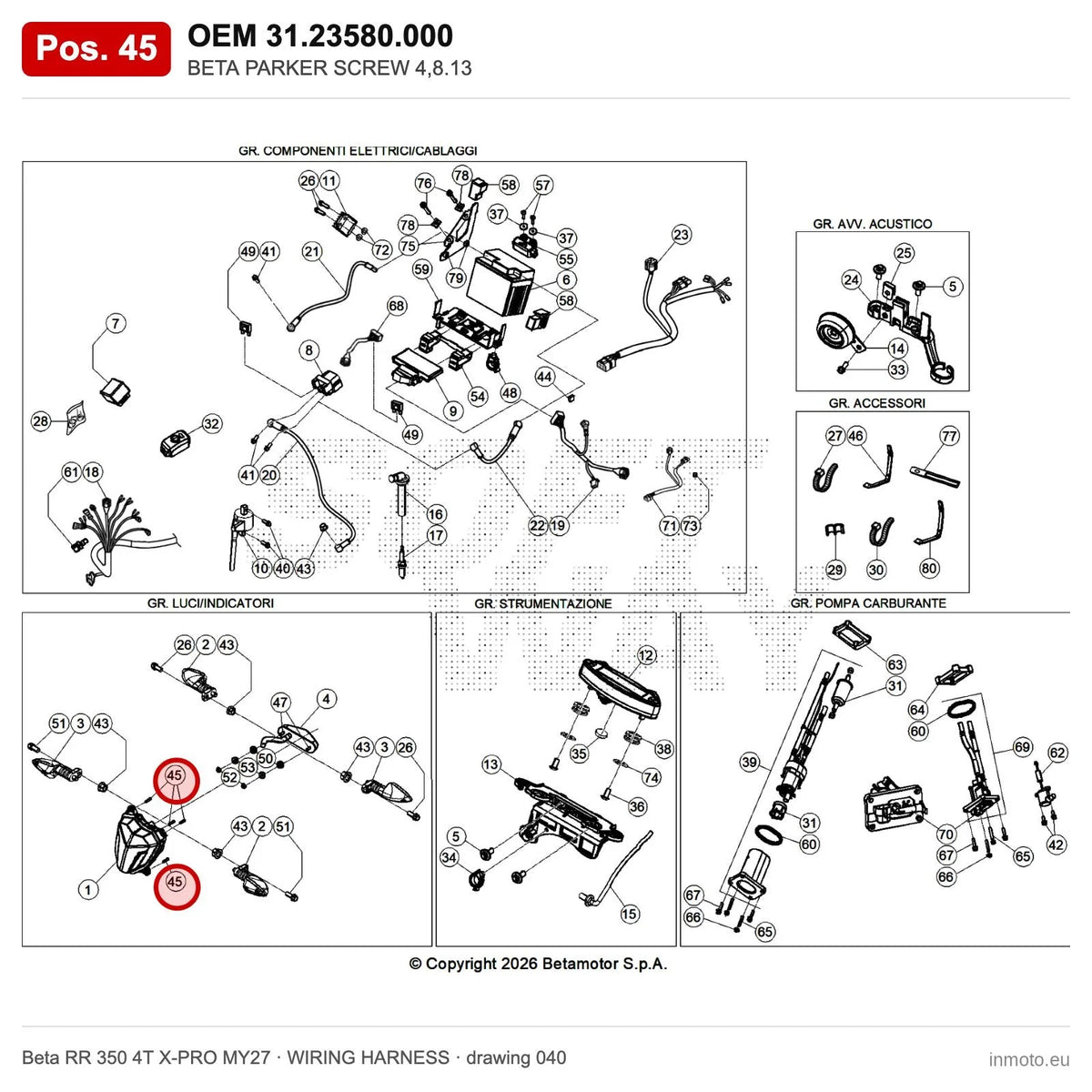 BETA PARKER SCREW 4,8.13 – OEM 31.23580.000, position 45 on the Beta RR 350 4T X-PRO MY27 wiring harness drawing