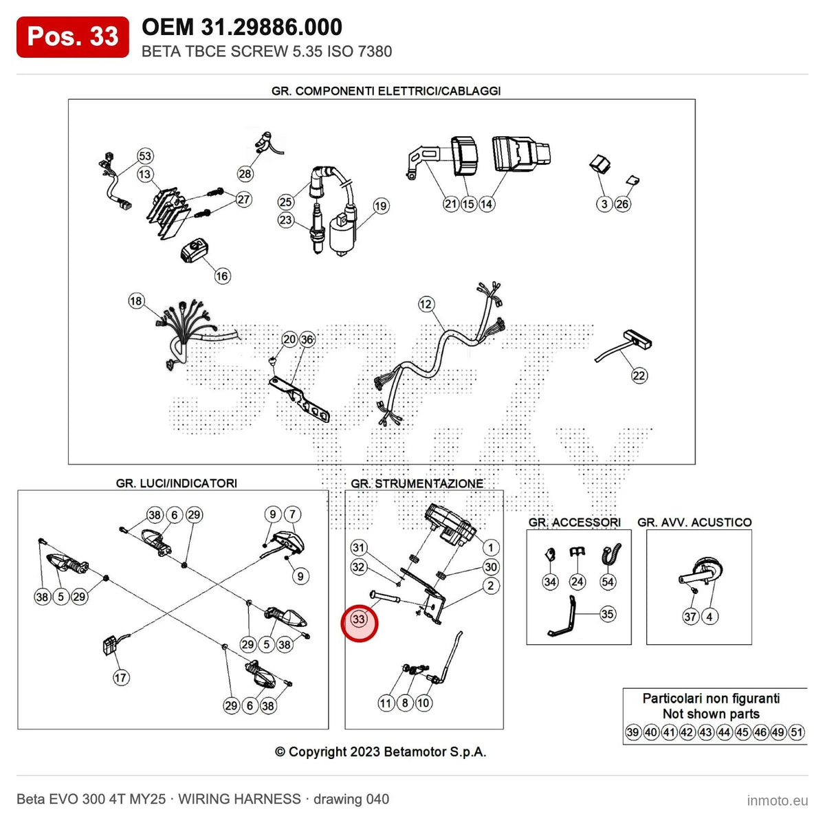 BETA TBCE SCREW 5.35 ISO 7380 – OEM 31.29886.000, position 33 on the Beta EVO 300 4T MY25 wiring harness drawing