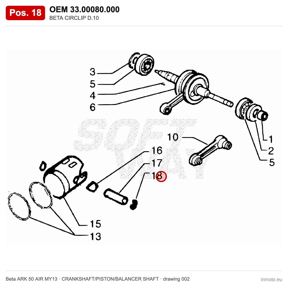 BETA CIRCLIP D.10 – OEM 33.00080.000, position 18 on the Beta ARK 50 AIR MY13 crankshaft/piston/balancer shaft drawing