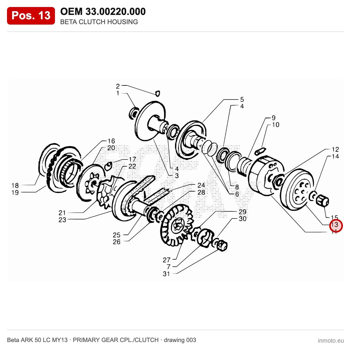 BETA CLUTCH HOUSING – OEM 33.00220.000, position 13 on the Beta ARK 50 LC MY13 primary gear cpl./clutch drawing