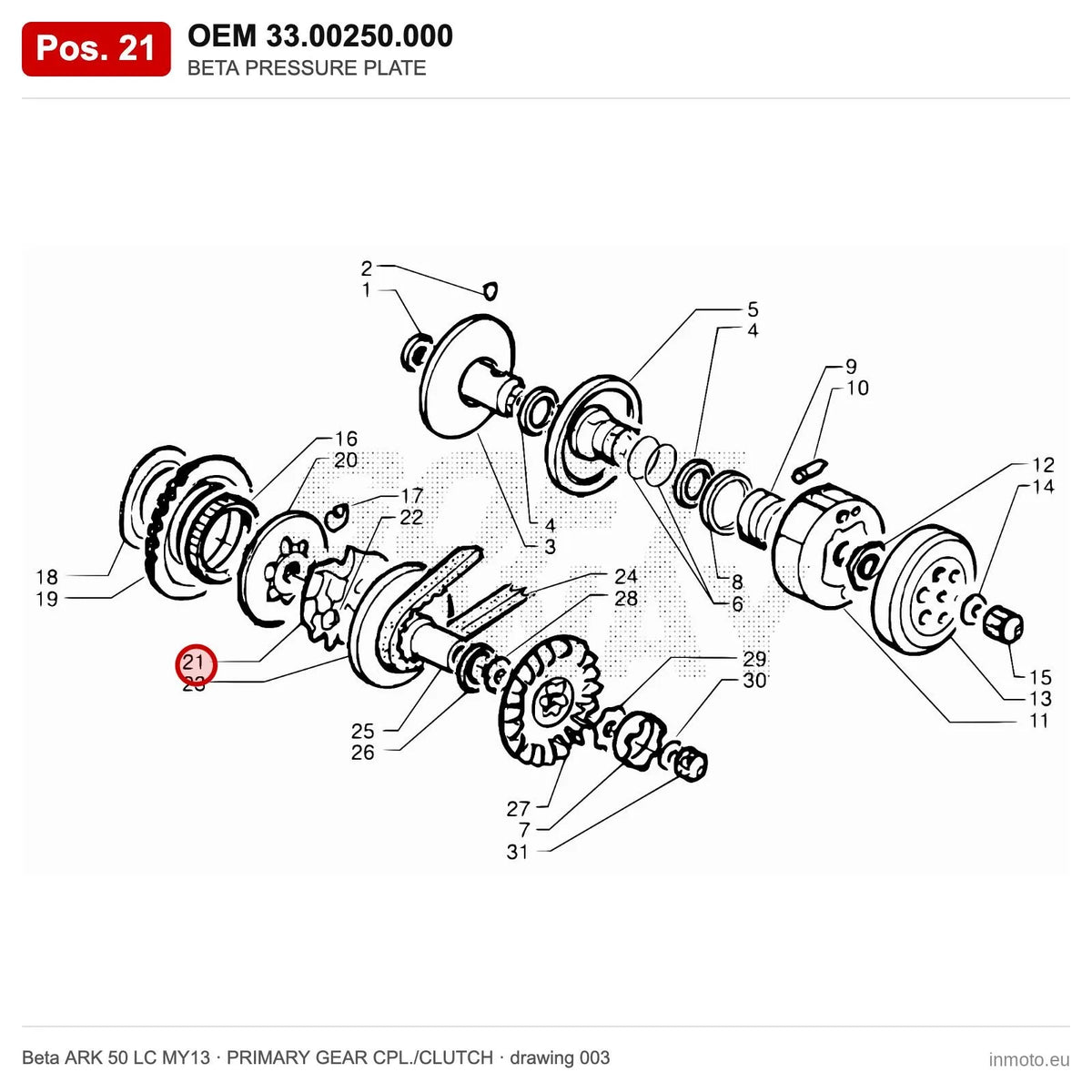 BETA PRESSURE PLATE – OEM 33.00250.000, position 21 on the Beta ARK 50 LC MY13 primary gear cpl./clutch drawing