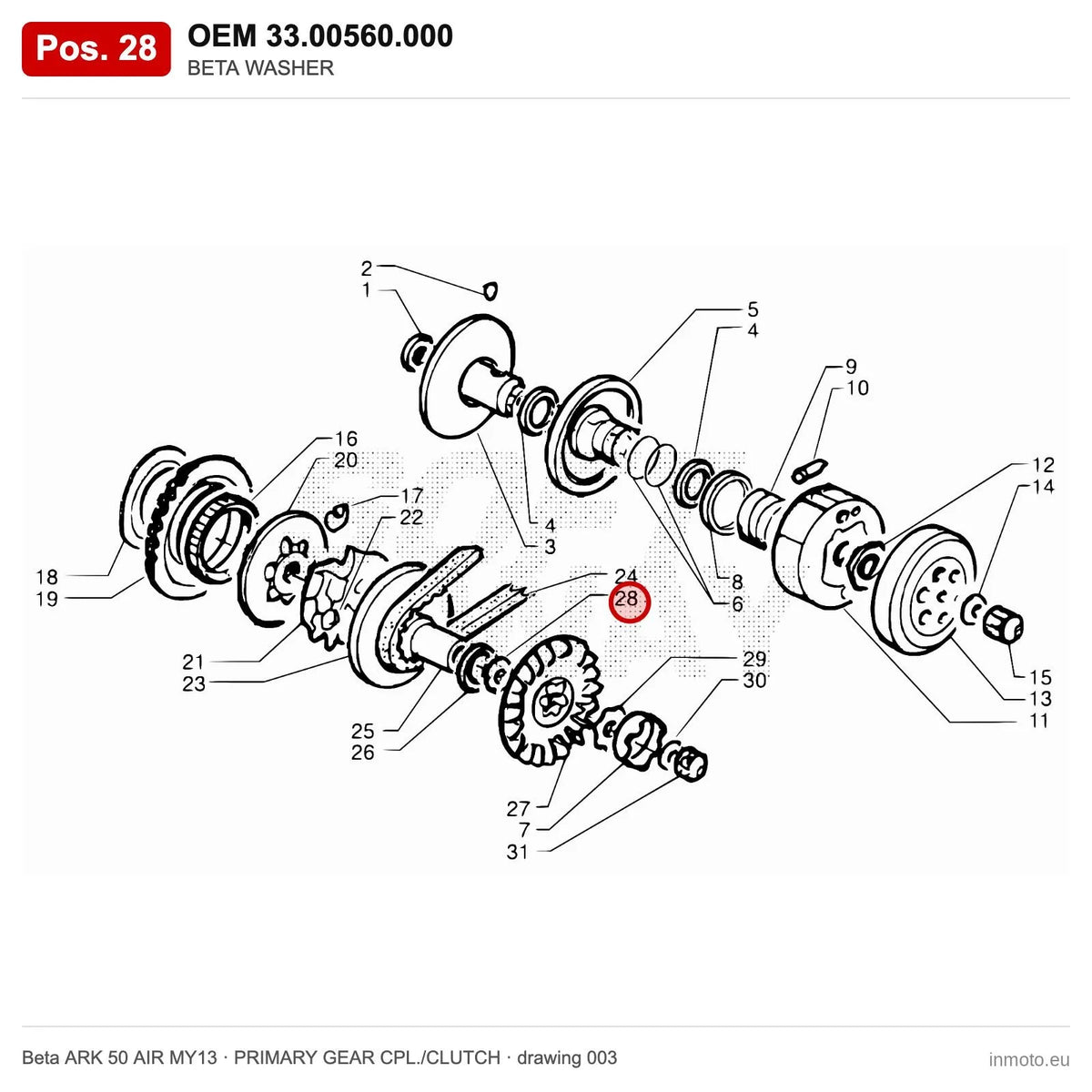 BETA WASHER – OEM 33.00560.000, position 28 on the Beta ARK 50 AIR MY13 primary gear cpl./clutch drawing