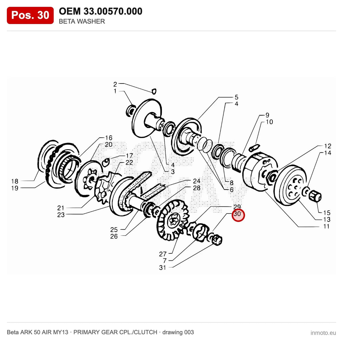 BETA WASHER – OEM 33.00570.000, position 30 on the Beta ARK 50 AIR MY13 primary gear cpl./clutch drawing