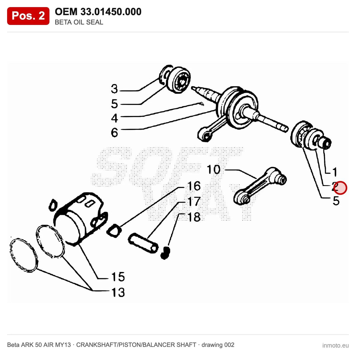 BETA OIL SEAL – OEM 33.01450.000, position 2 on the Beta ARK 50 AIR MY13 crankshaft/piston/balancer shaft drawing
