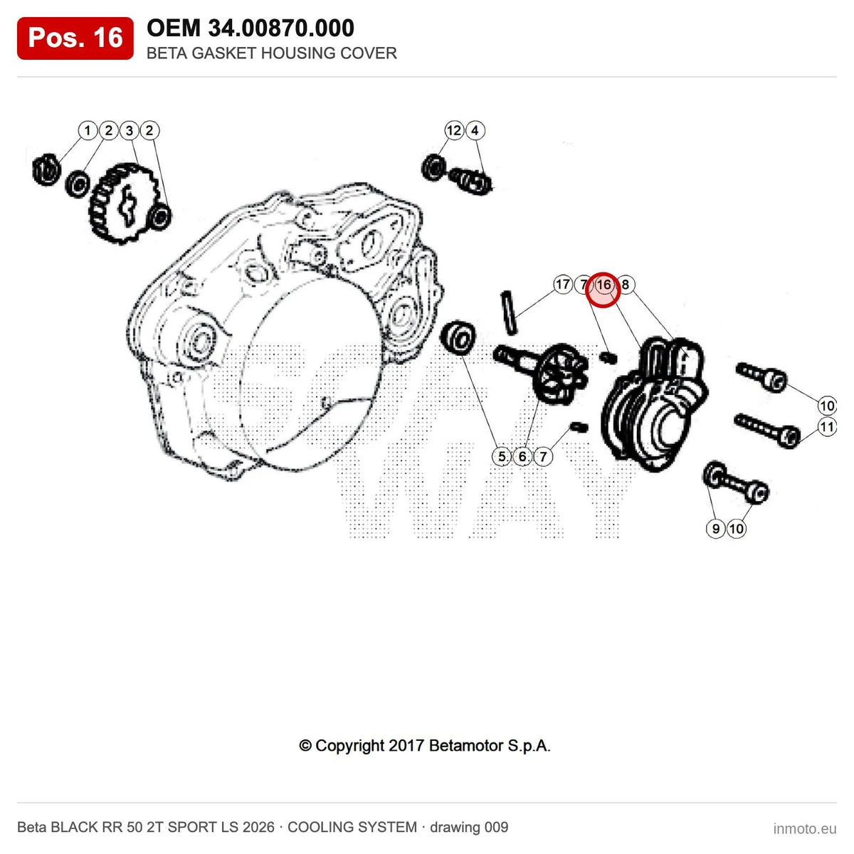 BETA GASKET HOUSING COVER – OEM 34.00870.000, position 16 on the Beta BLACK RR 50 2T SPORT LS 2026 cooling system drawing