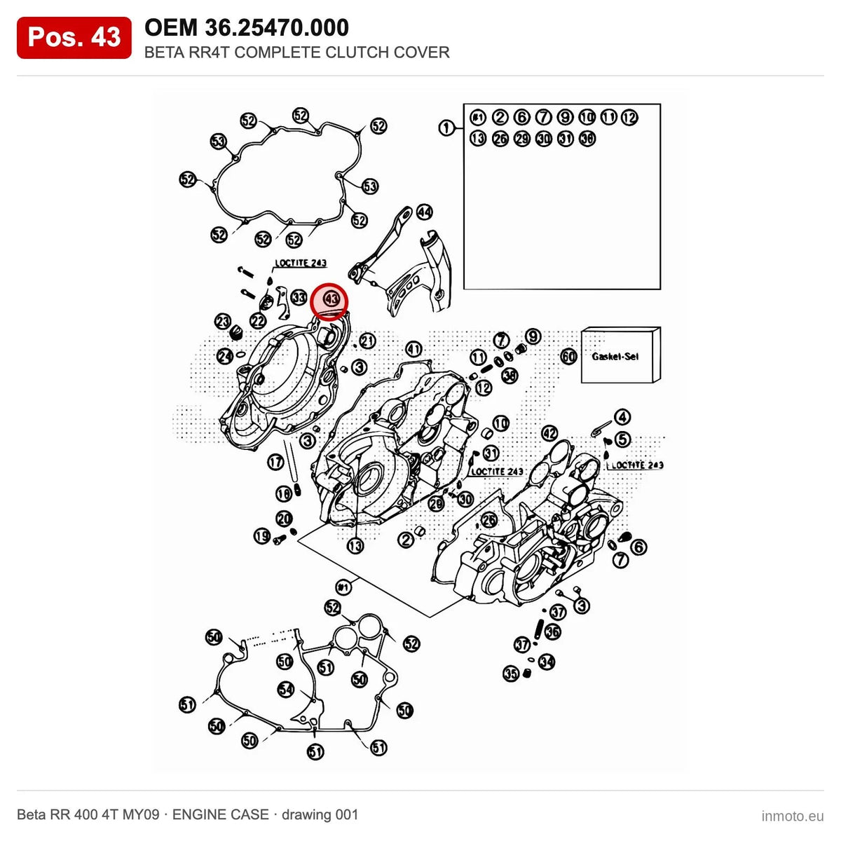 BETA RR4T COMPLETE CLUTCH COVER – OEM 36.25470.000, position 43 on the Beta RR 400 4T MY09 engine case drawing