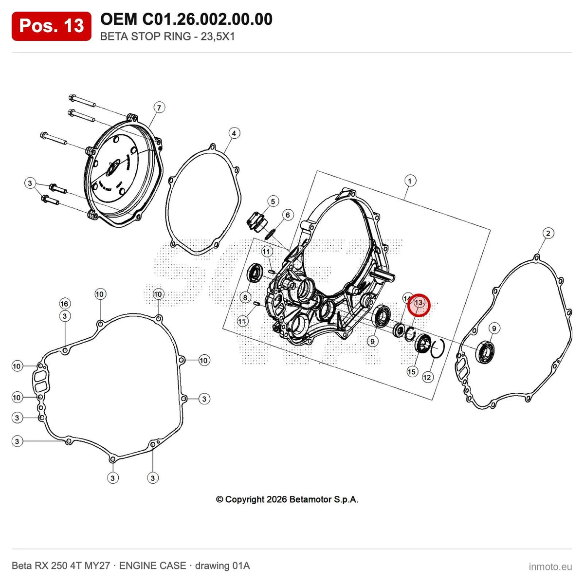 BETA STOP RING - 23,5X1 – OEM C01.26.002.00.00, position 13 on the Beta RX 250 4T MY27 engine case drawing