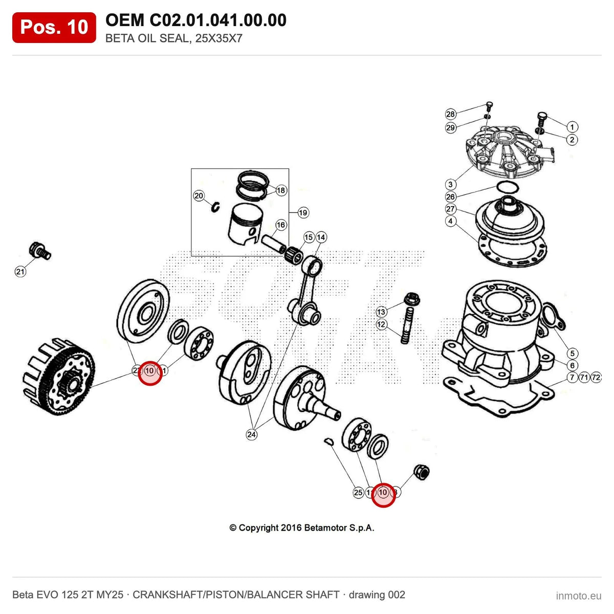 BETA OIL SEAL, 25X35X7 – OEM C02.01.041.00.00, position 10 on the Beta EVO 125 2T MY25 crankshaft/piston/balancer shaft drawing