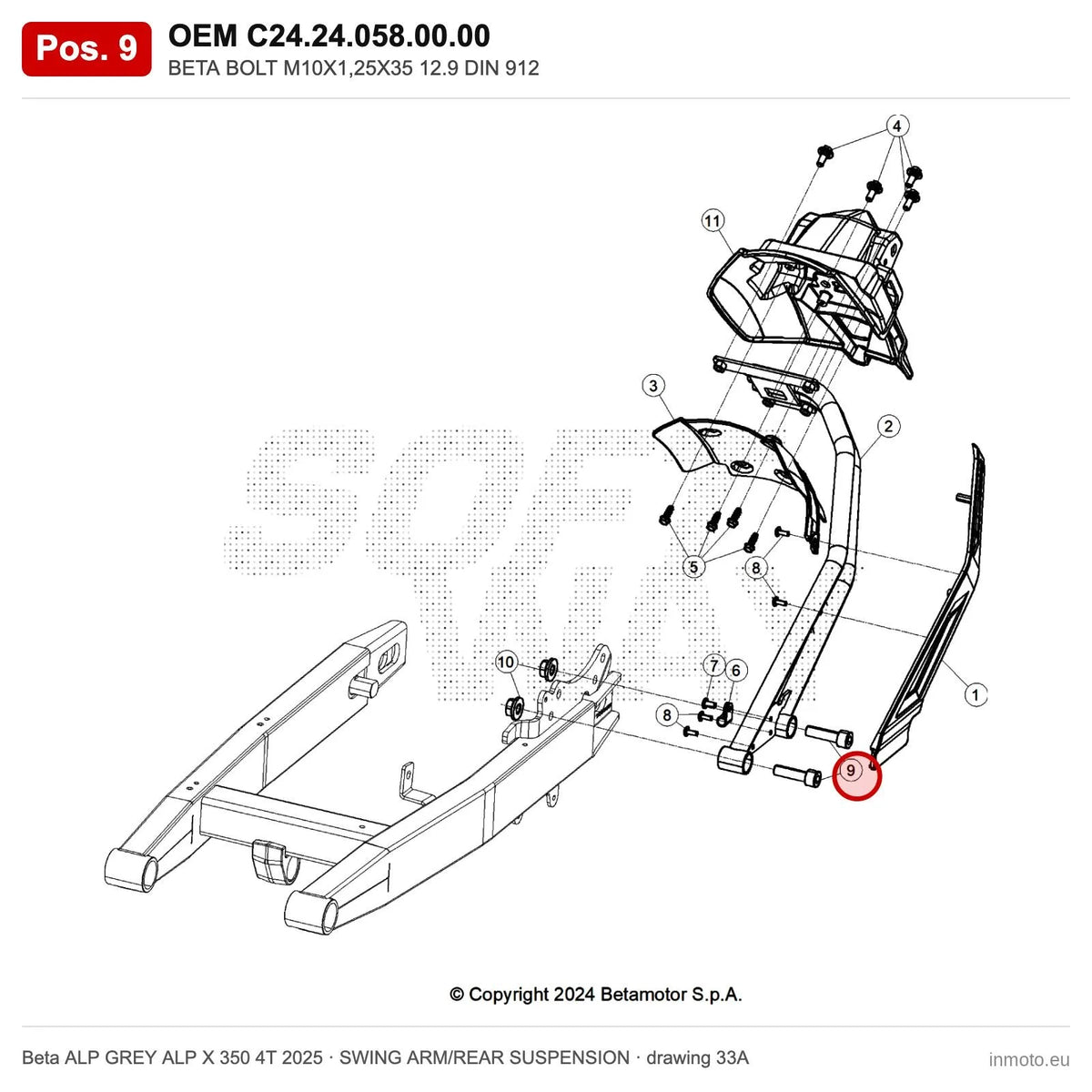 BETA SCREW M10X1,25X35 12.9 DIN 912 – OEM C24.24.058.00.00, position 9 on the Beta ALP GREY ALP X 350 4T 2025 swing arm/rear suspension drawing