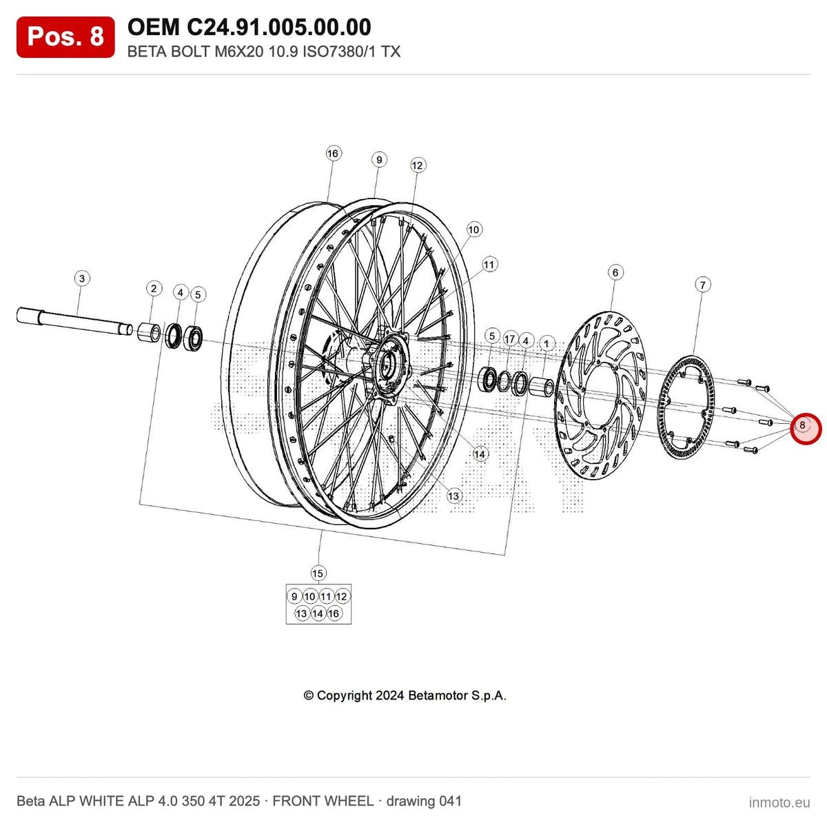 BETA SCREW M6X20 10.9 ISO7380/1 TX – OEM C24.91.005.00.00, position 8 on the Beta ALP WHITE ALP 4.0 350 4T 2025 front wheel drawing