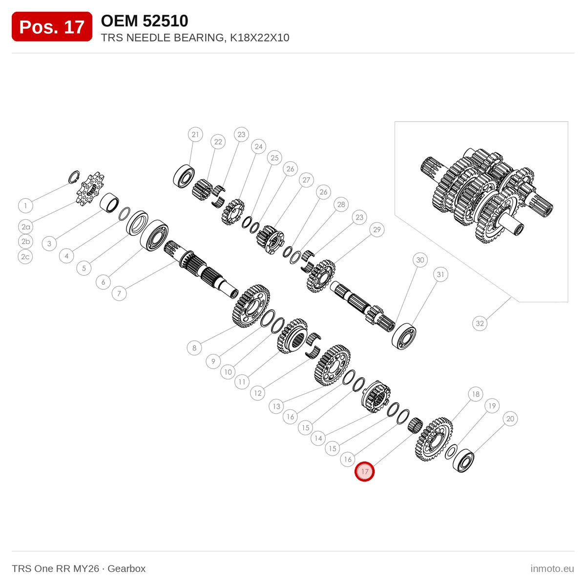 TRS NEEDLE BEARING, K18X22X10 – TRS One RR MY26 exploded view, gearbox, pos. 17
