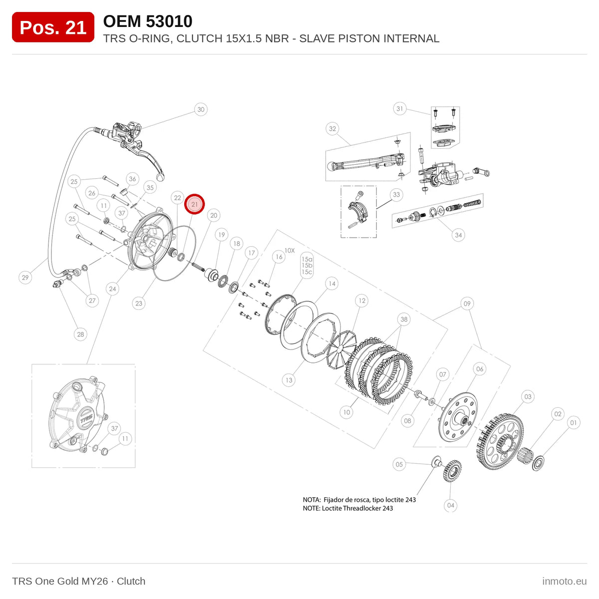 TRS O-RING, CLUTCH 15X1.5 NBR - SLAVE PISTON INTERNAL – TRS One Gold MY26 exploded view, clutch, pos. 21