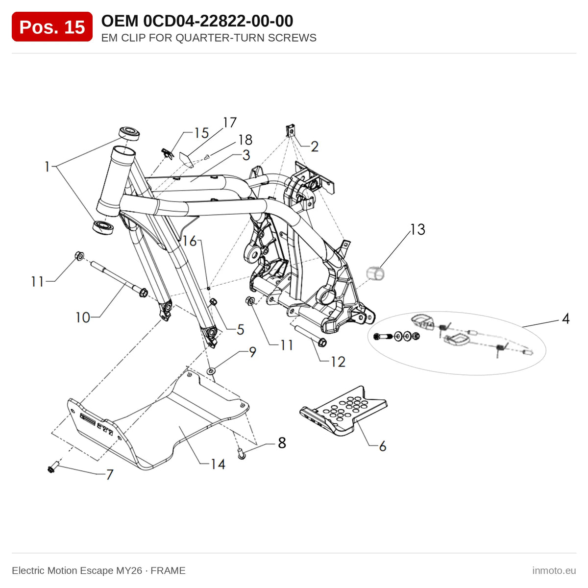 EM CLIP FOR QUARTER-TURN SCREWS – Electric Motion Escape MY26 exploded view, frame, pos. 15
