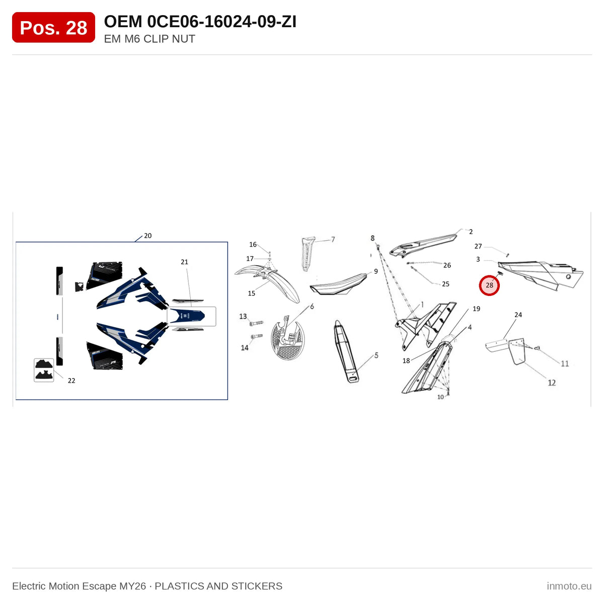 EM M6 CLIP NUT – Electric Motion Escape MY26 exploded view, plastics and stickers, pos. 28