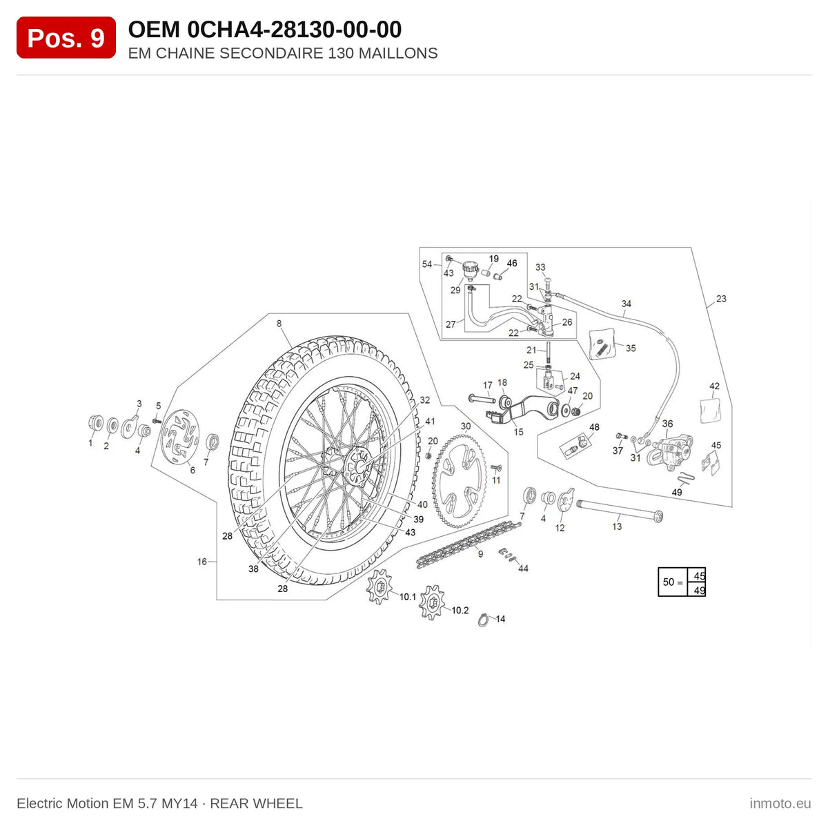 EM CHAINE SECONDAIRE 130 MAILLONS – Electric Motion EM 5.7 MY14 exploded view, rear wheel, pos. 9