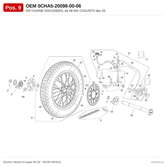 EM CHAINE 520/135EBXL da 98 MG C/GIUNTO tipo 26 – Electric Motion Escape MY26 exploded view, rear wheel, pos. 9