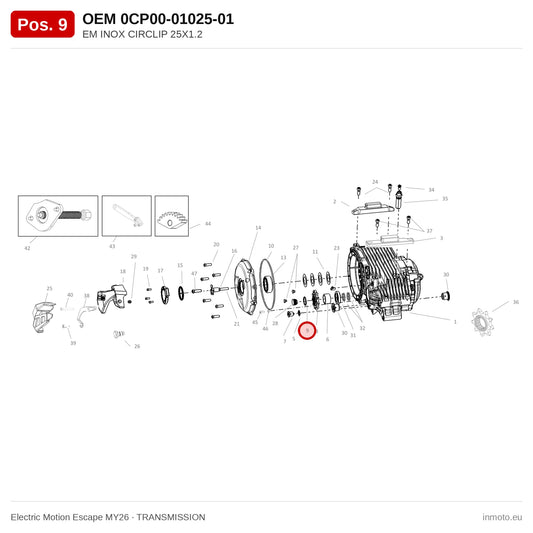 EM INOX CIRCLIP 25X1.2 – Electric Motion Escape MY26 exploded view, transmission, pos. 9