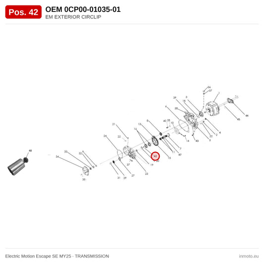 EM EXTERIOR CIRCLIP – Electric Motion Escape SE MY25 exploded view, transmission, pos. 42